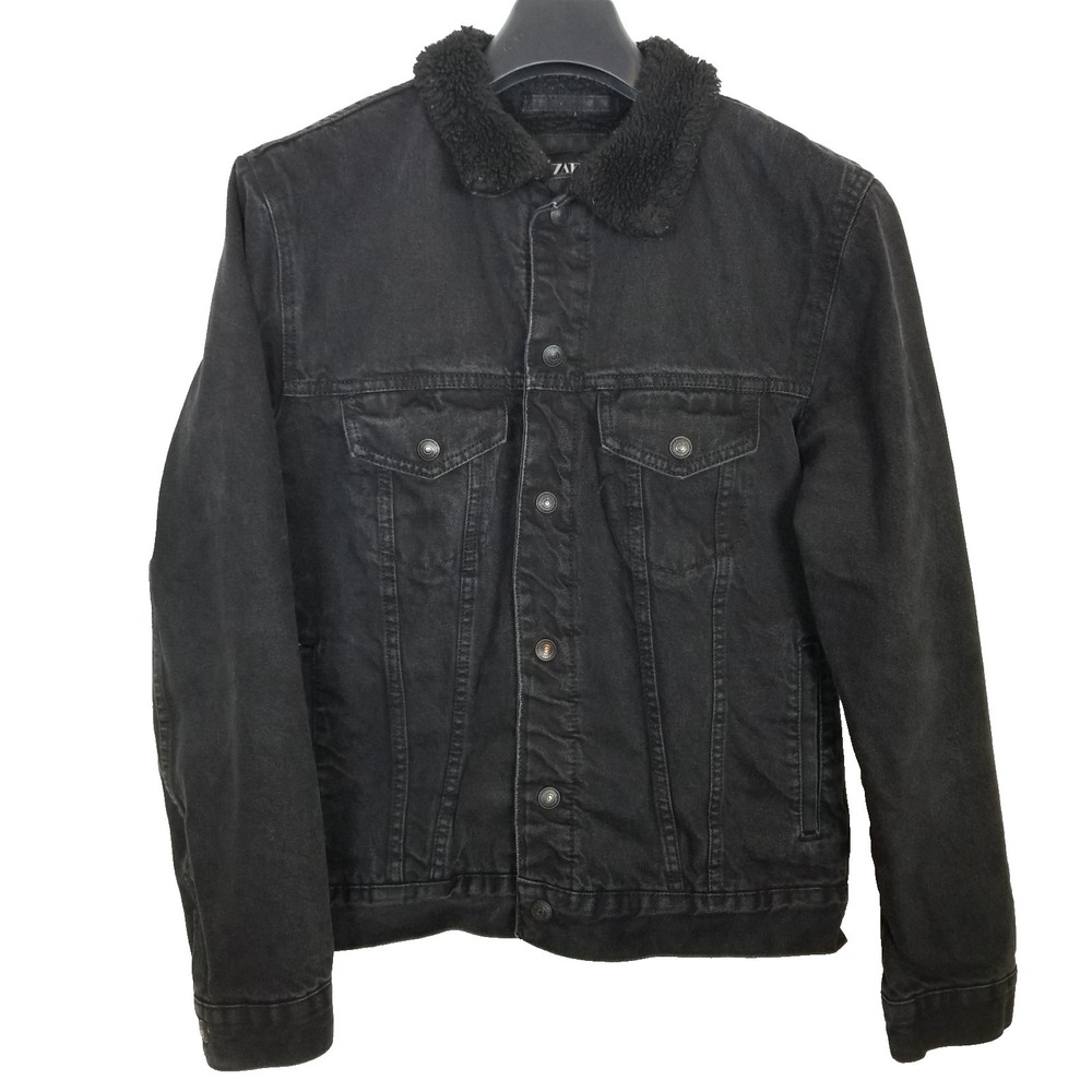 Zara Men Sherpa Lined Denim Tucker Jacket Sz M Black Button Up Cotton Modern